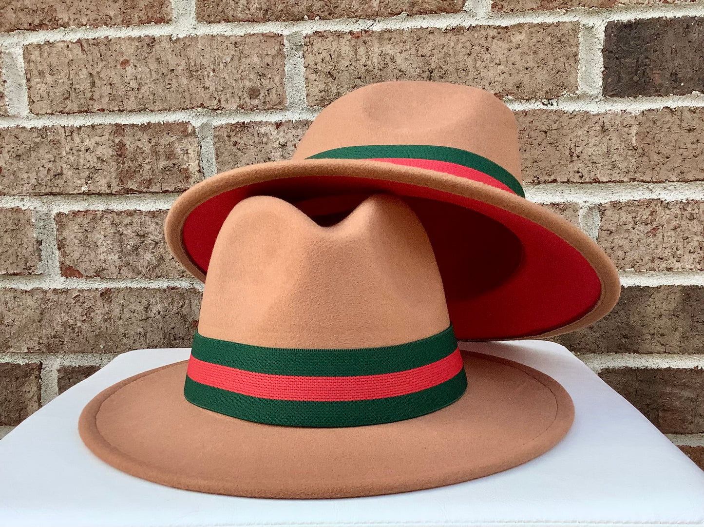 Tan and red classic fedora with band