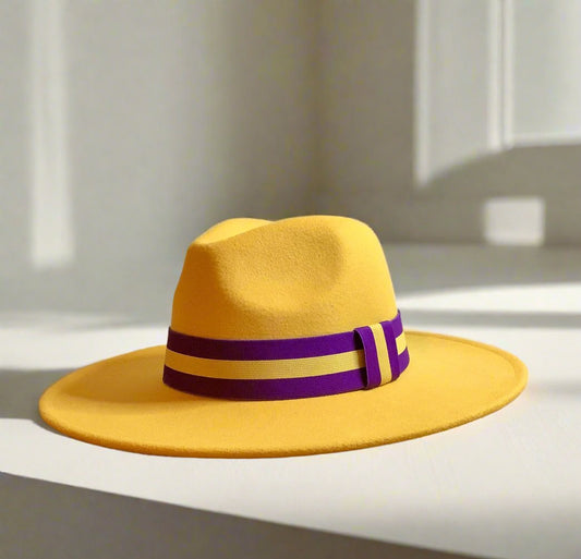Fedora wide brim / purple and gold hat / man hat / women hat / fall hat / winter hat