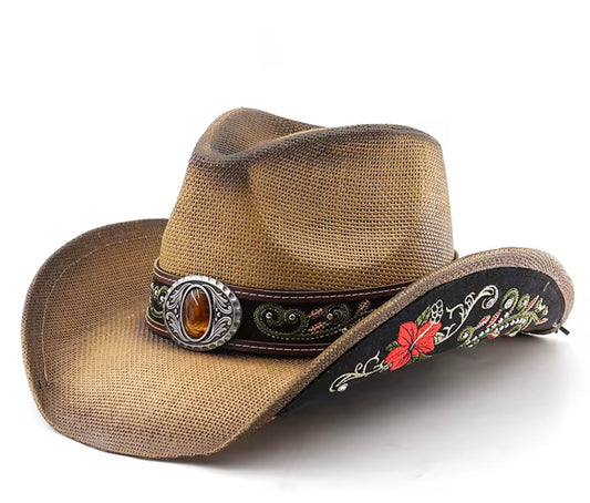 Tan Cowboy hat with red flowers
