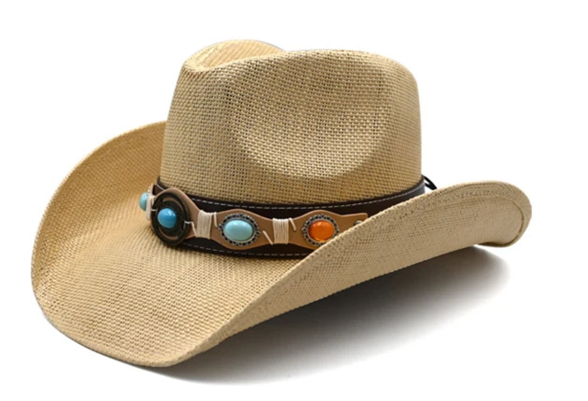 Western Straw Hat with tan jewel band